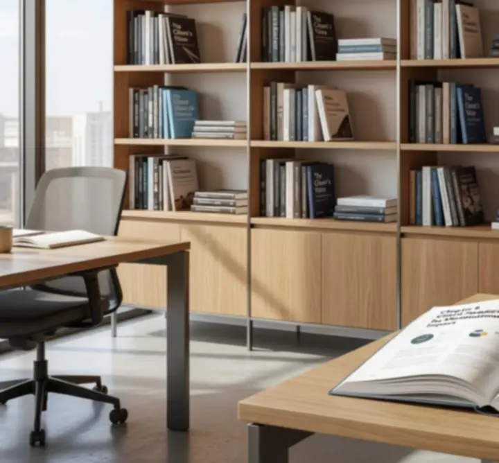Bookshelf displaying published books representing completed case studies