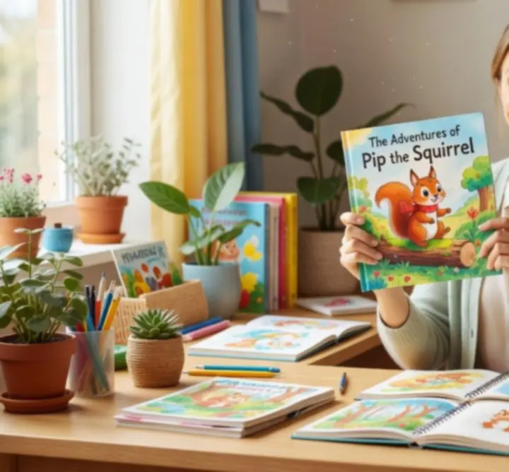 Children's author reviewing storyboards and illustrations with an editor