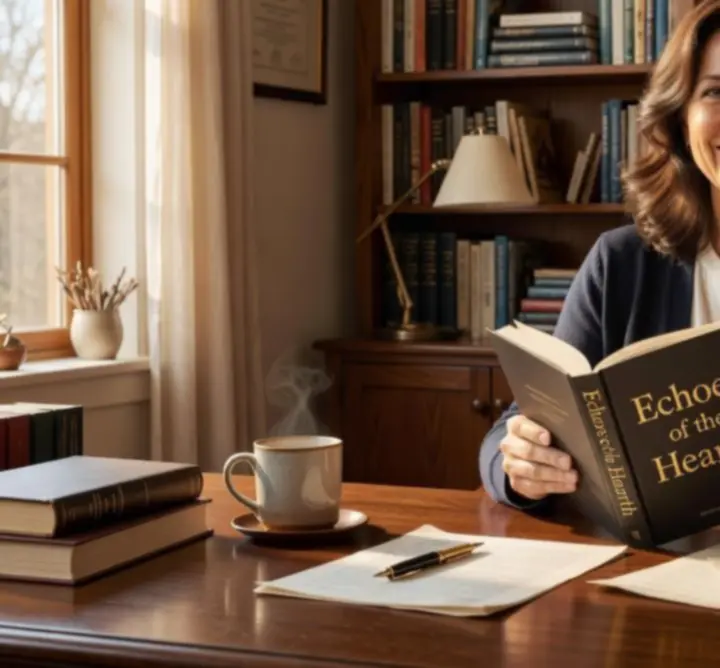 Smiling author holding a published book