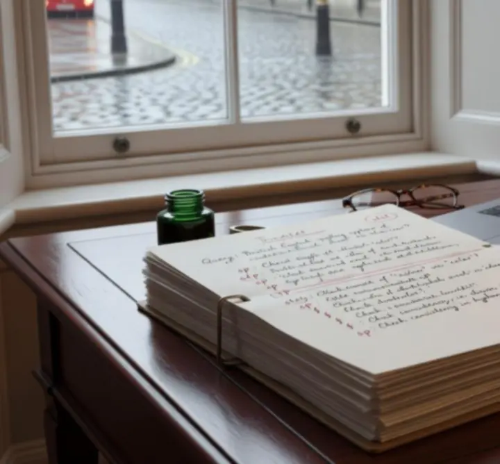 Manuscript preparation desk with marked pages and a laptop