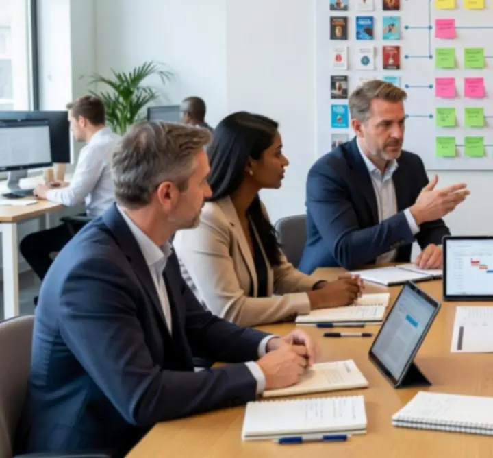 Publishing specialists discussing workflow stages for a client manuscript